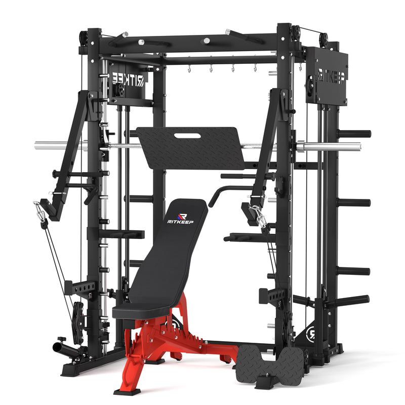 RitKeep PMAX 4750 Dual Plate Loaded Multi Functional Smith Machine Pius and red weight bench combo