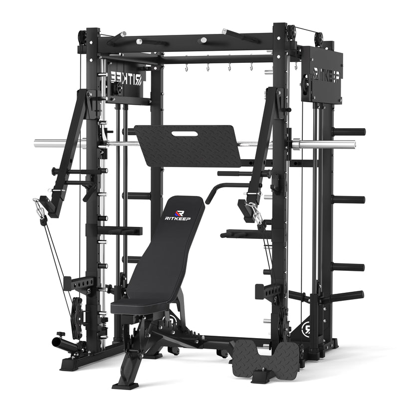 RitKeep PMAX 4750 Dual Plate Loaded Multi Functional Smith Machine Pius and black weight bench combo