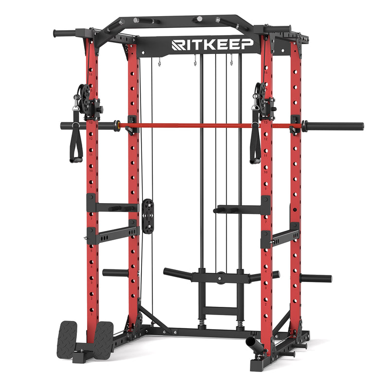 RitKeep Destroyer M10 Home Gym Power Rack With Pulley System in red with barbell
