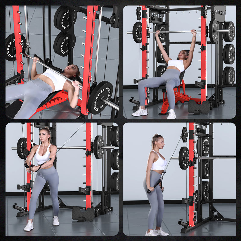 Models doing exercises with Smith bar  and cable system on the RitKeep PMAX 4750 smith machine.
