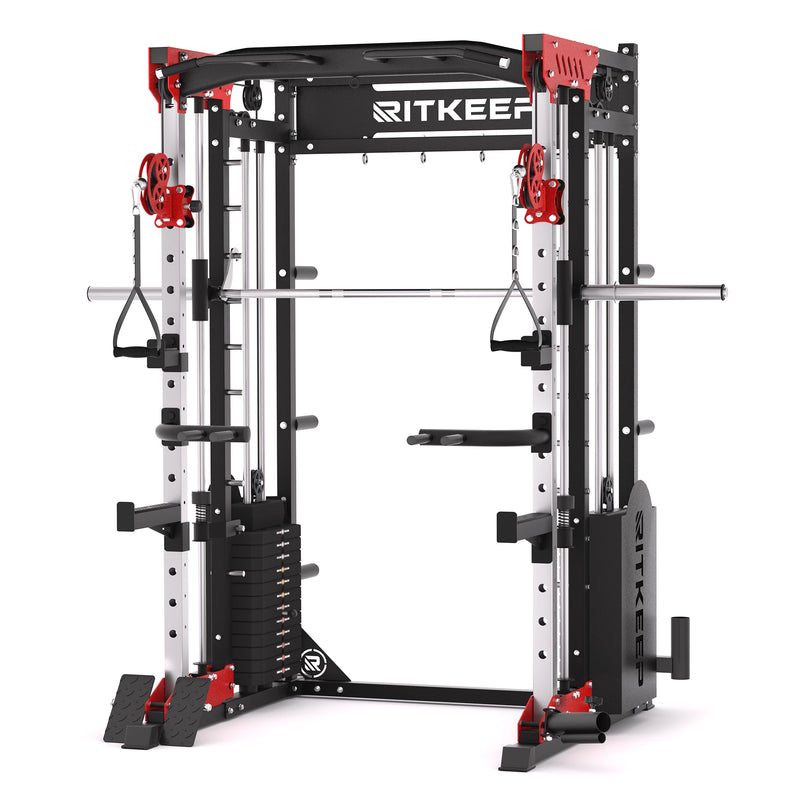 RitKeep PMAX-5600 all-in-one Smith machine with 150kg weight stack in black and red