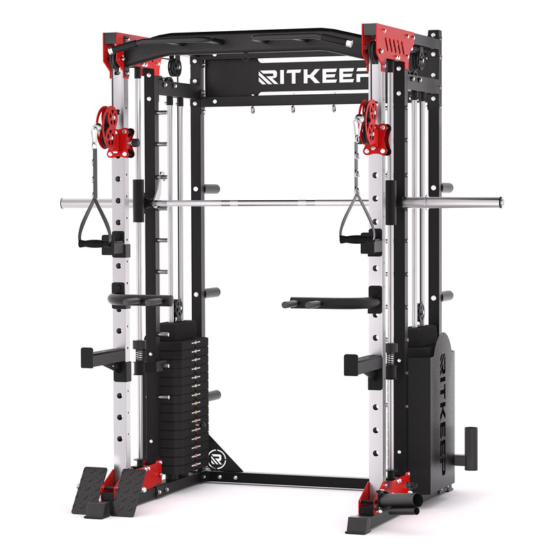 RitKeep PMAX-5600 all-in-one Smith machine with 150kg weight stack in black and red